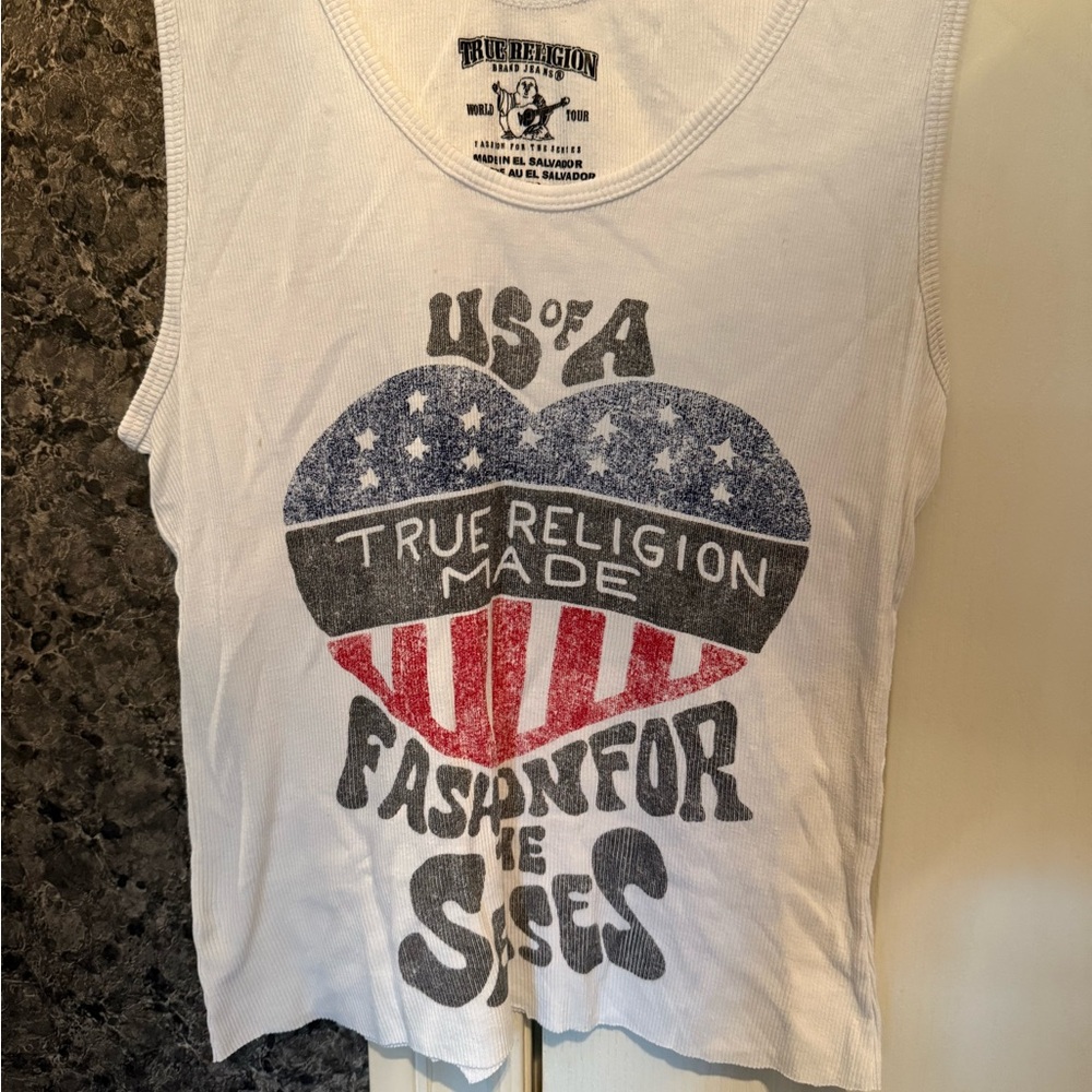 True Religion White Graphic Crop Tank Top